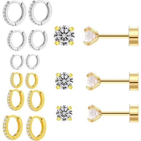 Mixed Metal Hoop & CZ Stud Earring Set – Gold & Silver Tones for Minimalist - Picture 1 of 6